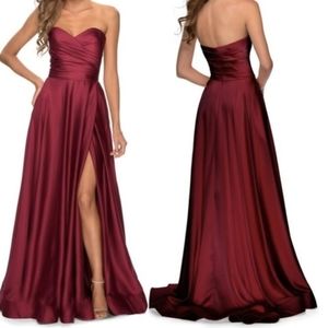 La Femme Strapless High Slit Gown Prom Maroon Size 6